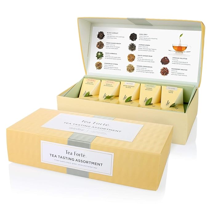 Tea Forte Tea Tasting Assortment Premium Petite Presentation Box Gift Set Sampler, 10 Count, 1 of Each Variety Individually Wrapped Handcrafted Pyramid Infuser Bags - Bloomnest