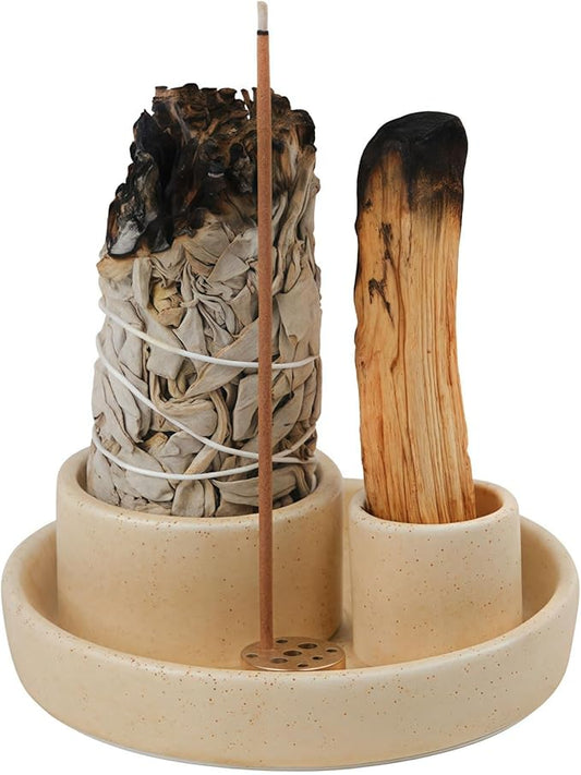 4 in 1 Incense Holder, Ceramic Incense Stick and Palo Santo Holder,Sage Holder for Burning- 5.5" Ceramic Ash Catcher Tray for Meditation and Yoga Room (Sand Gravel) - Bloomnest
