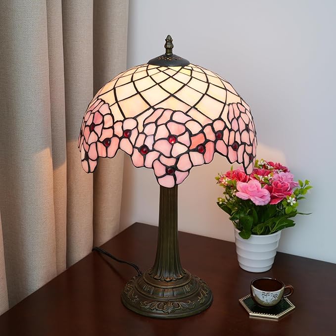 Tiffany Lamp Bedside Table Lamp-Nightstand,Stained Glass Lamp for Bedroom Dorm Living Kitchen, Aesthetic Cute Home Decor Gift, Cherry Blossom - Bloomnest