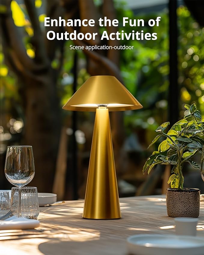 Bojim Rechargeable Cordless Table Lamp, Gold LED Battery Operated Wireless Table Lights, Touch for 3 Color Dimmable, IP54 Waterproof for Restaurant, Dining, Outdoor, Patio, Outside - Bloomnest