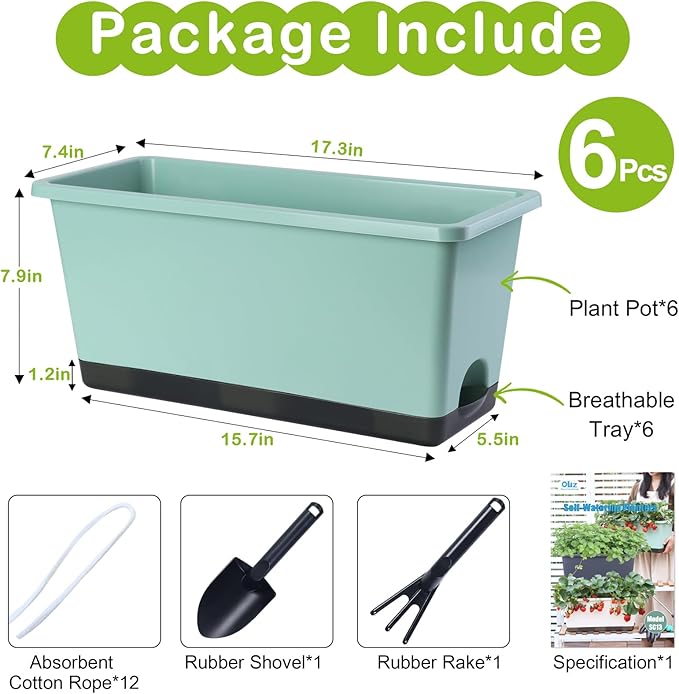 Window Box Planter 6 Pcs, 17 Inches Rectangle Flower Pots with Drainage Holes and Trays, Vegetable Planters for Windowsill Patio Garden Balcony Home Porch Yard Indoor Outdoor (Green, 17*7.4*7.8 inch) - Bloomnest