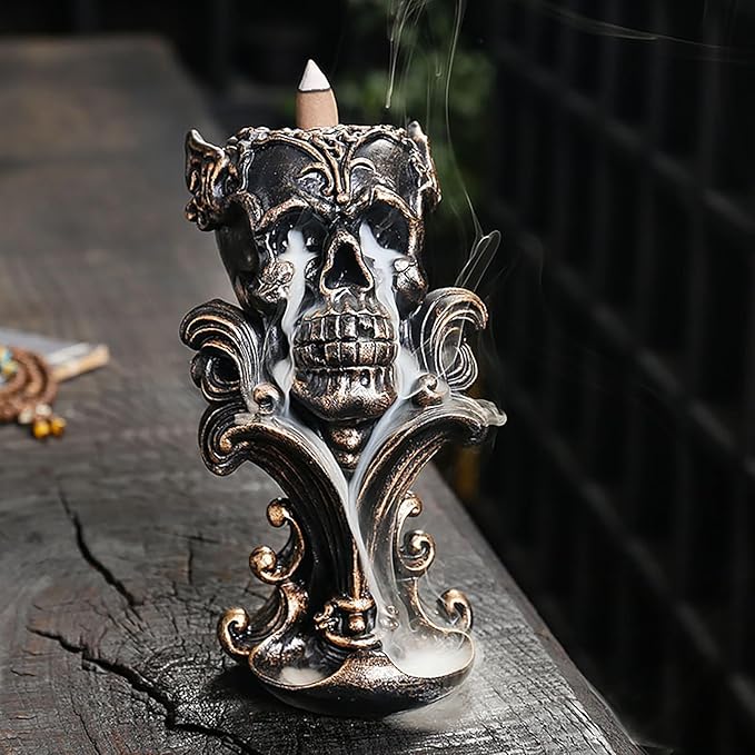 Comeon Backflow Incense Holder Burner Resin Skull Incense Burner Waterfall Incense Burner Home Decor + 20 Backflow Incense Cones + 30 Incense Sticks +1 Tweezer +1 Mat（Metallic Gold） - Bloomnest