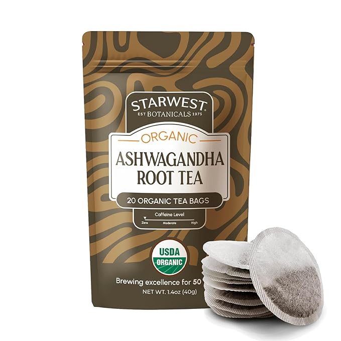 Starwest Botanicals Organic Ashwagandha Tea - Caffeine Free Herbal Tea, String Free Sachets, USDA Organic Ashwagandha Root, Non GMO - 20 Tea Bags - Bloomnest