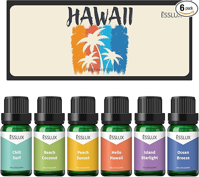 Hawaii Fragrance Oil, ESSLUX 6x10ml Essential Scented Oils Set, Candle Making Scents, Soap Making, Laundry, Diffuser Oil Fresh Scents for Spring Summer, Ocean Breeze, Beach Coconut - Bloomnest