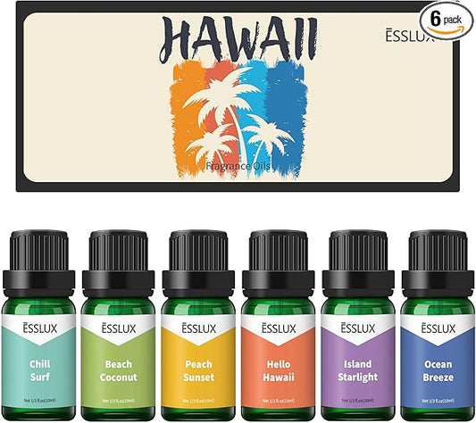 Hawaii Fragrance Oil, ESSLUX 6x10ml Essential Scented Oils Set, Candle Making Scents, Soap Making, Laundry, Diffuser Oil Fresh Scents for Spring Summer, Ocean Breeze, Beach Coconut - Bloomnest