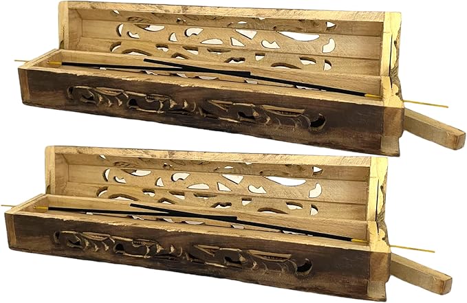 2 Pack Wooden Coffin Incense Sticks Burner - 12 Inches Carved - Storage Compartment, Carved Carving - Bloomnest