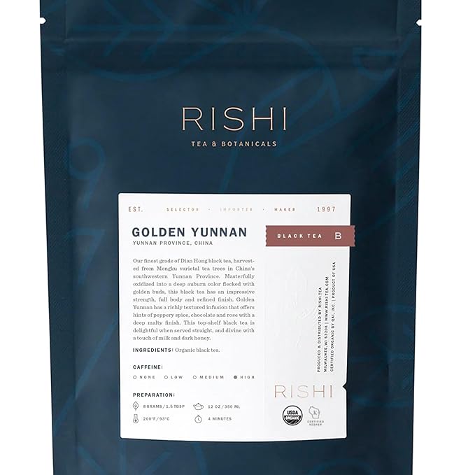 Rishi Tea Golden Yunnan Black Tea - Organic, Loose Leaf Tea, Smooth & Rich Ancient Chinese Tea, Energizing & Caffeinated - 16 Ounces, 56+ Servings - Bloomnest