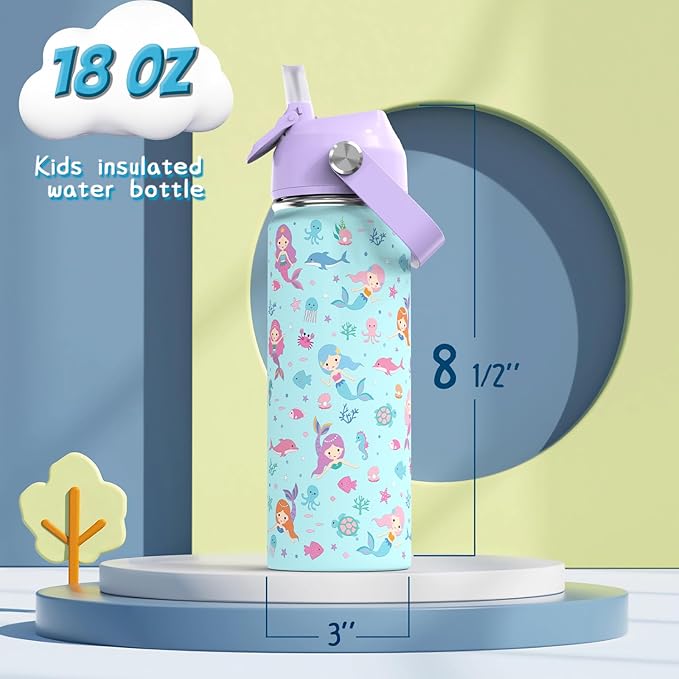 18oz Kids Insulated Water Bottle with Straw Lid - 18/8 Stainless Steel Kid Cup BPA-FREE Tumbler Double Wall Vacuum Leak Proof Portable Toddler Water Bottle for School (Purple Mermaid) - Bloomnest