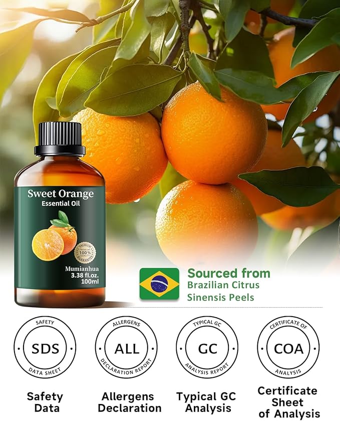 Orange Essential Oil Pure,Mumianhua Natural Sweet Orange Oil for Diffuser, Humidifier, Air Purifier, Skin,Home, Soap, Candle Making, Room Spray, Cleaning 3.38Fl Oz - Bloomnest