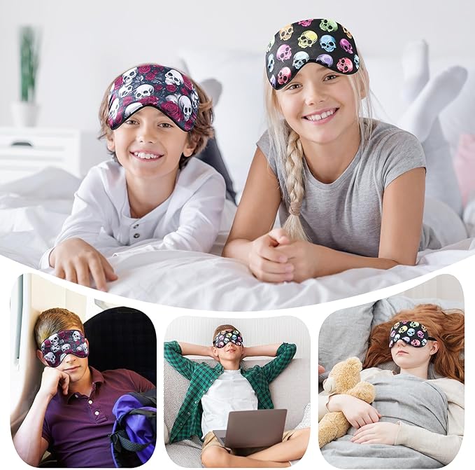 2 Pcs Human Skulls Sleep Halloween Mask for Women Men, Funny Silk Eye Covers for Sleeping, Adjustable Strap & Light Blocking Design, Adult Children's Bedtime Blindfold for Travel and Home Use (Skull) - Bloomnest