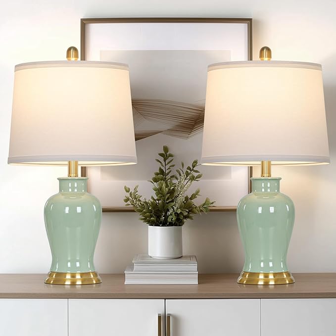 Green Ceramic Lamps Set of 2, 23" Modern Table Lamps for Living Room, Classic Bedside Lamp with Ginger Jar Design, Elegant Bedroom Lamp for Night Stand Desk Side End Table Home Decor - Bloomnest