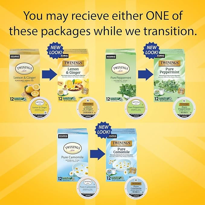 Twinings Herbal Tea K-Cup Pods for Keurig, Variety 3-Pack – Pure Peppermint, Pure Camomile + Lemon & Ginger Tea K-Cups, Naturally Caffeine-Free, 12 Count Each - Bloomnest
