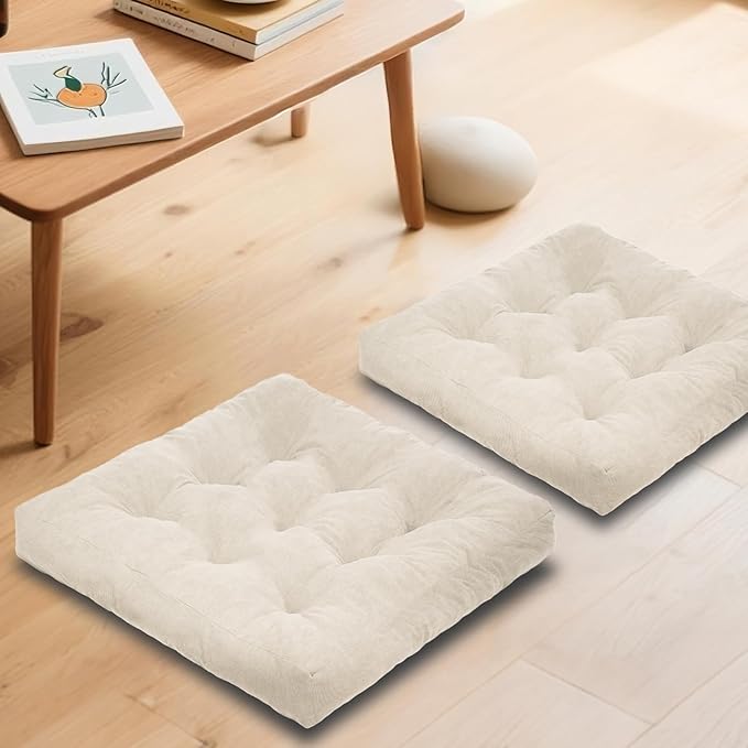 Meditation Floor Pillow Set of 2, Square Large Pillows Seating for Adults, Tufted Corduroy Cushion for Tatami Living Room, 22x22 Inch FP-Beige