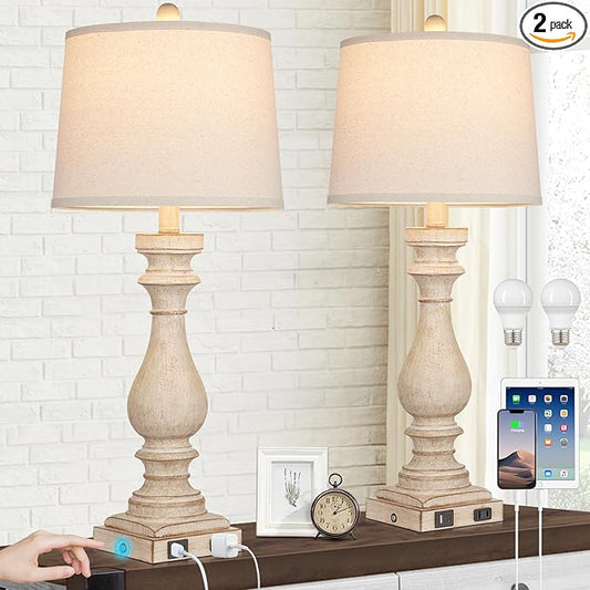 29" Tall Table Lamp for Living Room Set of 2,Vintage Bedside Nightstand Lamps with USB C+A Ports & AC Outlet,3-Way Dimmable Touch Control Desk Lamp for Bedroom,Color 1 - Bloomnest