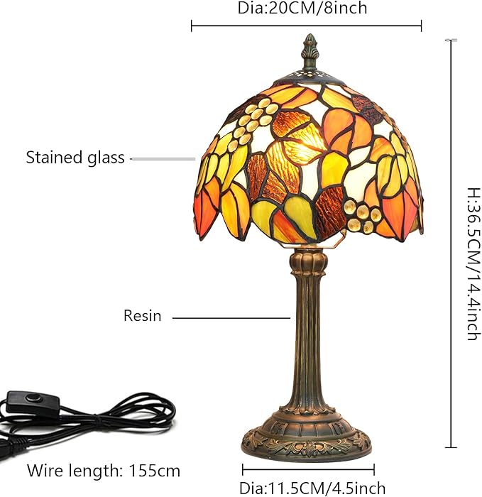 Tiffany Stained Glass Table Lamp, 8-Inch Retro Brown Maple Leaf Design Lovely Bedside Lamp, Suitable for Bedroom, Restaurant, Cafe and Other Furniture Decoration - Bloomnest