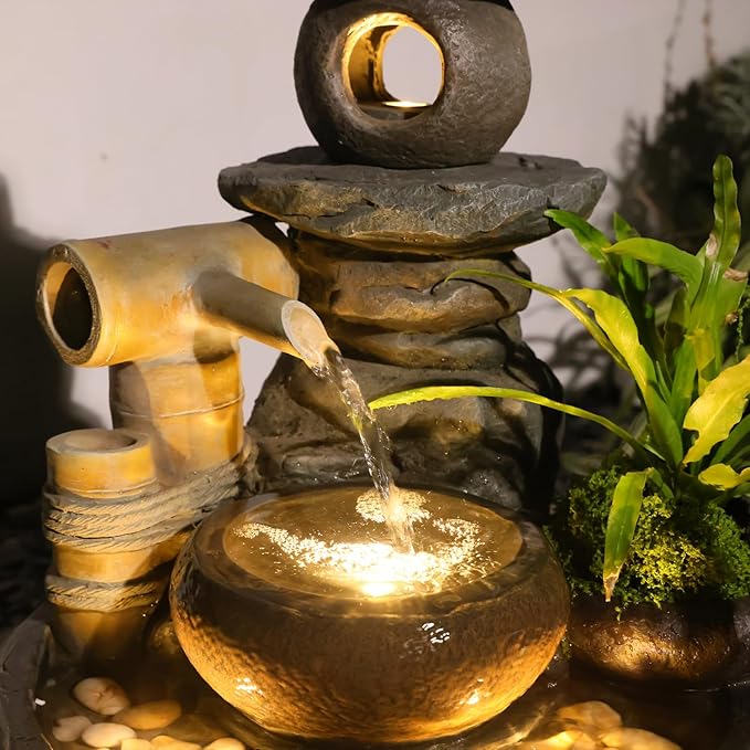 21" H Pagoda and Bamboo Outdoor&Indoor Outdoor Water Fountain, Natural Zen Decor Desian Outside Waterfall with LED Lights - Suitable for Garden/Patio/Yard/Deck/Balcony and Home Art Decor Resin - Bloomnest