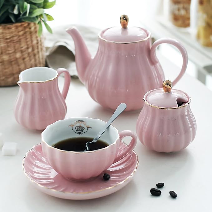 Sweejar Porcelain Tea Sets British Royal Series, 8 OZ Cups & Saucer Service for 6, with Teapot Sugar Bowl Cream Pitcher Teaspoons and Tea Strainer, Suitable for High Tea, Wedding, Party (Pink) - Bloomnest