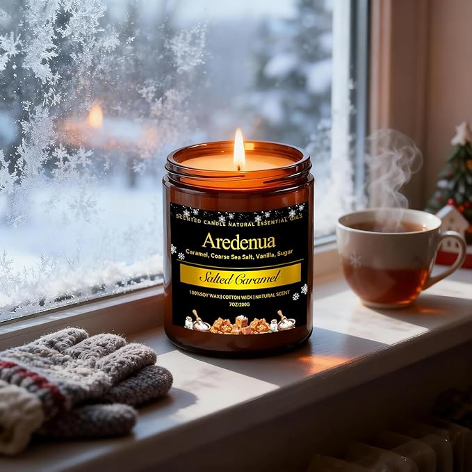 Winter Candles - Salted Caramel Candle | Cozy Holiday Scented Candles - 7oz Jar Soy Candle for Winter Home, Holiday & Christmas Gifts for Women Men - Bloomnest