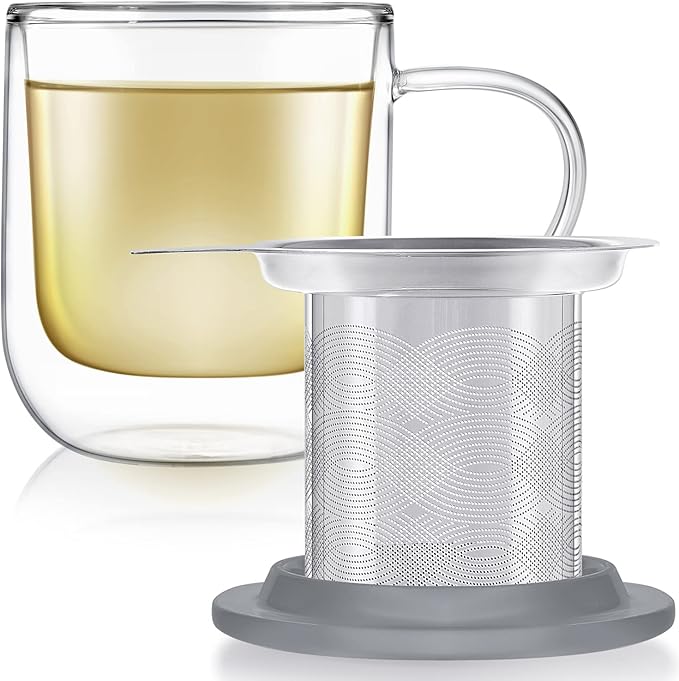 Teabloom Tea-For-One Steeping Mug – Insulated Double Wall Glass Mug (12 oz), Stainless Steel Infuser, Porcelain Lid/Coaster – Great For Brewing Loose Leaf Tea - Bloomnest