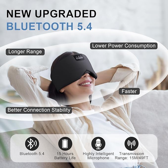 LC-dolida Sleep Mask with Bluetooth Headphones, Ice Silk Sleep Headphones with Bluetooth 5.4, Total Blackout Eye Mask for Sleeping, Sleep Soft Mask for Women Men, All Night Sleep, Travel(Black) - Bloomnest