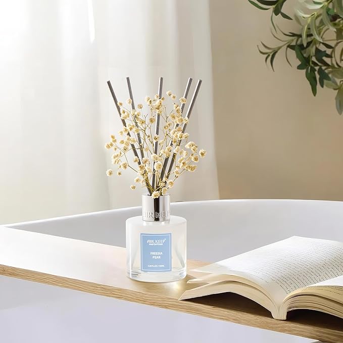 Airkeep Reed Diffuser Set,3.38 fl oz (100 ml) - Freesia Pear Oil Diffusers with 8 Reed Sticks, Home Fragrance Reed Diffuser for Bathroom Shelf Decor - Bloomnest