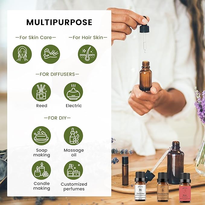 yethious Rose Jasmine Chamomile Essential Oil Set Organic 100% Pure Aromatherapy Oil for Diffuser, Soap, Candle Making 3 X 10ML - Bloomnest