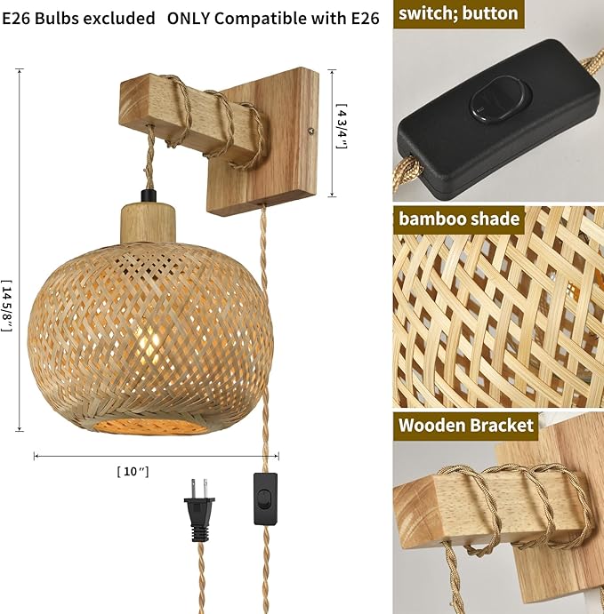 Bamboo Plug in Wall Sconces Set of Two, Hand Woven Boho Wall Lamp Plug in Cord Wall Sconces for Bedroom Living Room Farmhouse - Bloomnest