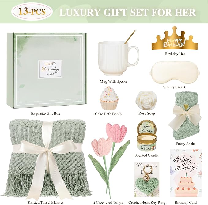Birthday Gifts for Women - 13PCS Unique Happy Birthday Gifts Basket for Mom Her Best Friend Sister Wife Girlfriend Coworker - Relaxing Spa Self Care Package Get Well Soon Gifts Set (Green) - Bloomnest