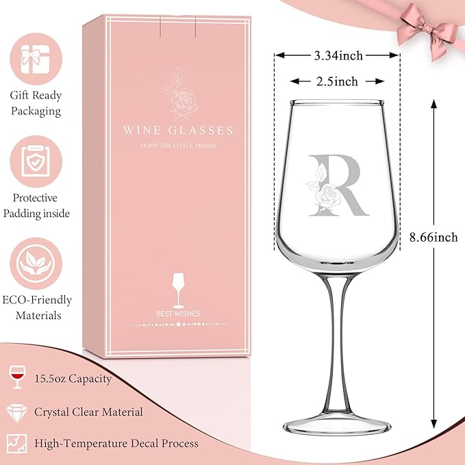 Valentines Day Gifts for Her Women - Personalized Initial Wine Glasses Custom Gift, Galentines Gift Christmas Mothers Day Birthday Gifts for Women Her Mom Wife Best Friend Sister (R) - Bloomnest