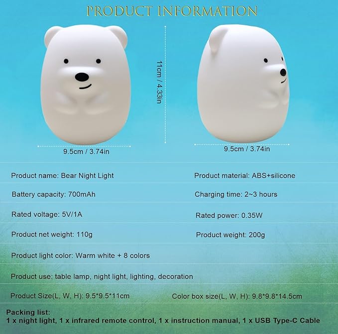Night Lights Bear Light for Children's Room Portable Night Light for Kids Animal Lights for Girls and Boys Lamps for Bedroom Adjustable Brightness & Color Time Setting Gift - Medium - Bloomnest