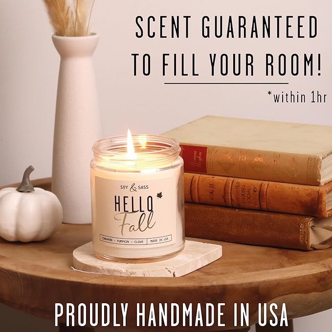 Fall Candles - 'Hello Fall Scented Candle' w/Cinnamon, Pumpkin & Fir I Infused with Essential Oils Autumn Scented Soy Candles for Home Décor, 9oz Reusable Jar, 50Hr Burn, Made in USA - Bloomnest