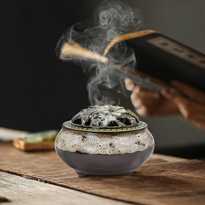 MrMrKura Ceramic Incense Burner with Lid, Incense Holder for Sticks Incense Cone Holder with Brass Incense Stick Holder for Yoga Meditation Home Decor (Fambe Grey) - Bloomnest