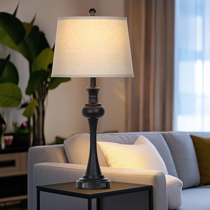 28.75" 3-Way Touch Control Modern Table Lamp Set of 2 for Living Room, Bedside Lamp with USB A+C Ports, Mid Century Black Table Lamps, Nightstand Lamps Set,Beige Fabric Shade Vintage Accent Style - Bloomnest