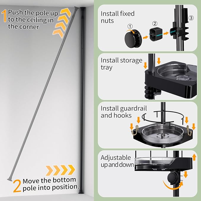 360° Rotating Corner Shower Caddy Tension Pole Organizer - 4-Tier Adjustable Rustproof Metal Pole, Plastic Shelves with Safety Guardrail, Bathroom Storage for Shower & Bathtub(Black) - Bloomnest