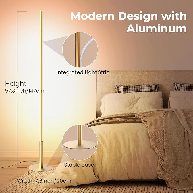 LED Corner Floor Lamp for Living Room, Dimmable Light with Remote, 2700-6500k Stepless Adjustable Colors & Brightness, Modern Reading Bright Light, 58" Standing Lamp for Bedroom (Gold) - Bloomnest
