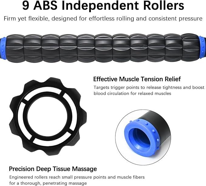 Muscle Roller Massage Roller Stick- Deep Tissue Fascia Blaster for Myofascial Pain Relief, Lymphatic Drainage & Body Sculpting, Handheld Physical Therapy & Recovery Tool (Blue black-18 inch) - Bloomnest