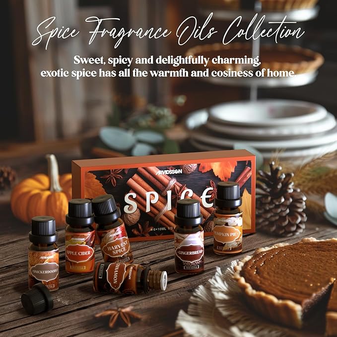 Autumn Spice Essential Oils Set, ARVIDSSON Fall Essential Oil for Diffuser - Cinnamon, Pumpkin Pie, Harvest Spice, Apple Cider, Gingerbread, Snickerdoodle, Cozy Fragrance Oils - Bloomnest