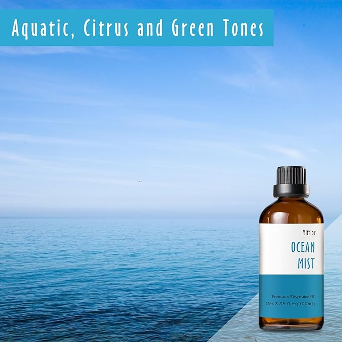 Ocean Mist Fragrance Oil, MitFlor Single Scented Oil, Large Size Premium Grade Fragrance Oil (3.38 OZ/100ML), Perfume, Soap, Candle Making Scent, Fresh Summer Essential Oils for Diffuser MitFlor