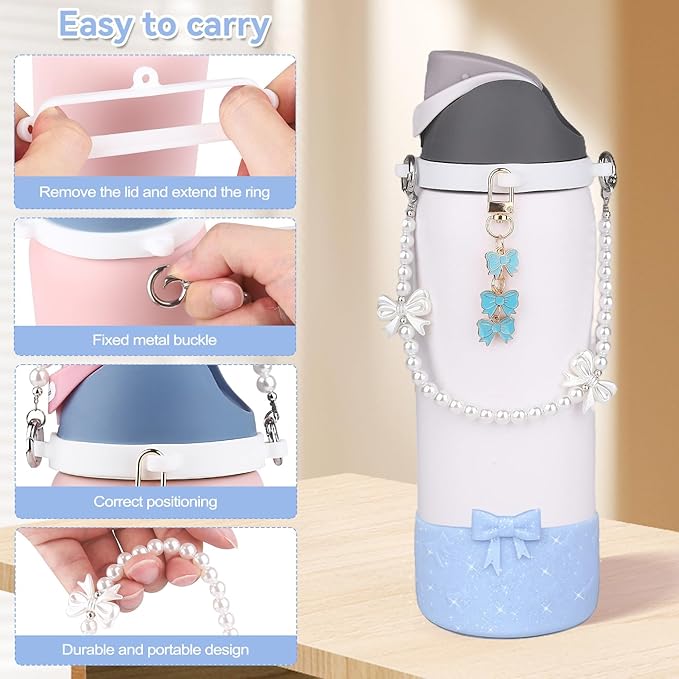 Water Bottle Accessories Set for Owala FreeSip 24oz、32 oz– Includes Pearl Handle Strap, Bow Charms,2.9in .3inch Silicone Bling Boot for Owala Accessories for Women Bloomnest