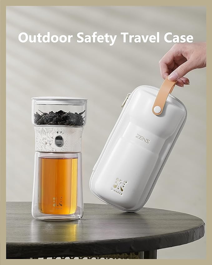 ZENS Cool Glass Teapot with Infuser, Smart One Touch Tea Maker for Loose Tea Diffusers with Insulated Mug and Portable Tea Kits, Enchanted Teapot Alternatives for Tea Lover Gifts