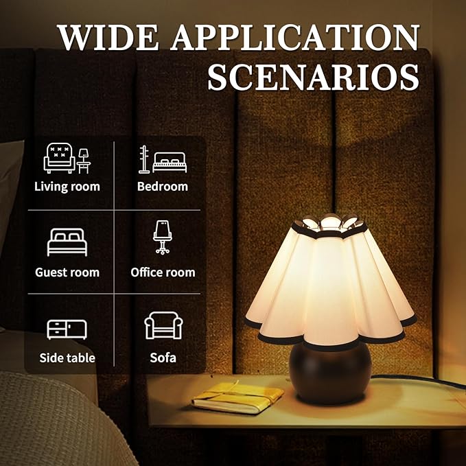 Matte Black Small Bedside Mini Table Lamp for Bedroom, Cute Bedroom Lamps for Nightstand, Cute Mini Table Lamps for Small Spaces with Scalloped Shade for Kitchen Counter, Bookshelf, Kids Dorm, Office - Bloomnest
