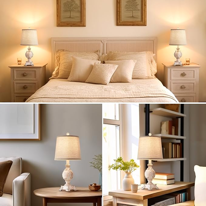 21'' Small Table Lamps Set of 2 Farmhouse Bedside Lamps for Bedroom Nightstand Vintage Carved Floral Side Table Lamps for Living Room Kids Home Office, Wooden Finish, Bulb Not Include - Bloomnest