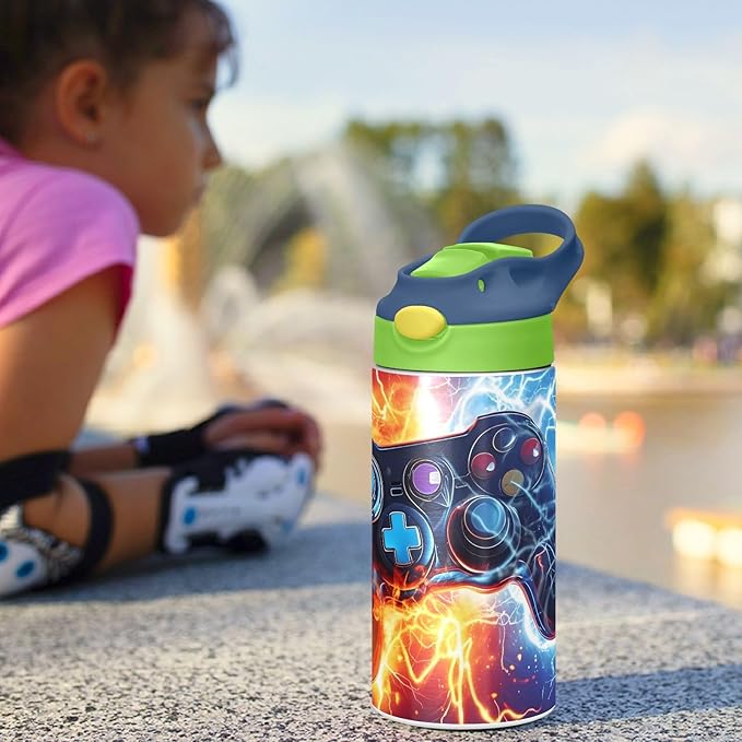 Game Controller Fire Electric Spark Kids Water Bottle with Straw Lid Insulated Tumbler with Handle Stainless Steel Reusable Toddlers Cup for Kids Boys 12 oz - Bloomnest