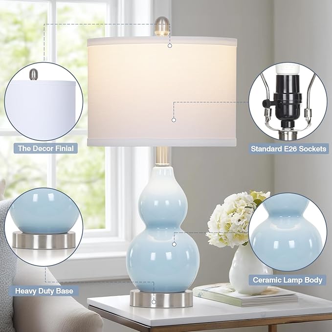 22" Double Gourd Ceramic Table Lamps Set of 2, Blue Modern Bedside Lamps for Living Room, Contemporary Nightstand Desk Lamps for Bedroom End Table Home Office Study Room Decor(2 LED Bulbs Included) - Bloomnest