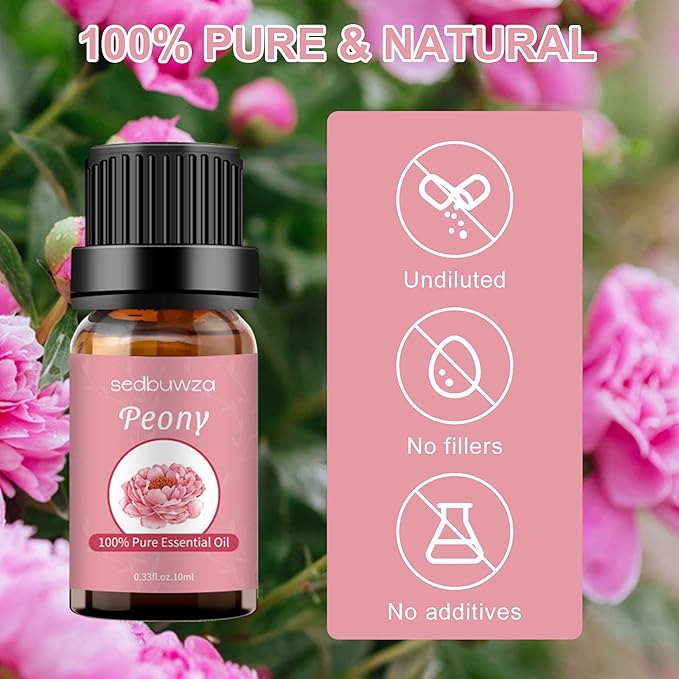 Sedbuwza Peony Essential Oil, Pure Organic Peony Fragrance Oil for Diffuser, Humidifier, Soap, Candle, Perfume Sedbuwza