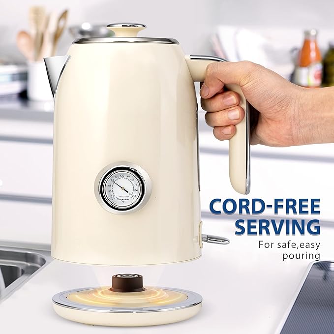 PUKOMC Electric Kettle, 1.7L Stainless Steel Tea Kettle with Temperature Gauge, 1500W Water Boiler with LED Light, BPA-Free, Auto Shut-Off and Boil-Dry Protection (Beige) Visit the Pukomc Store - Bloomnest