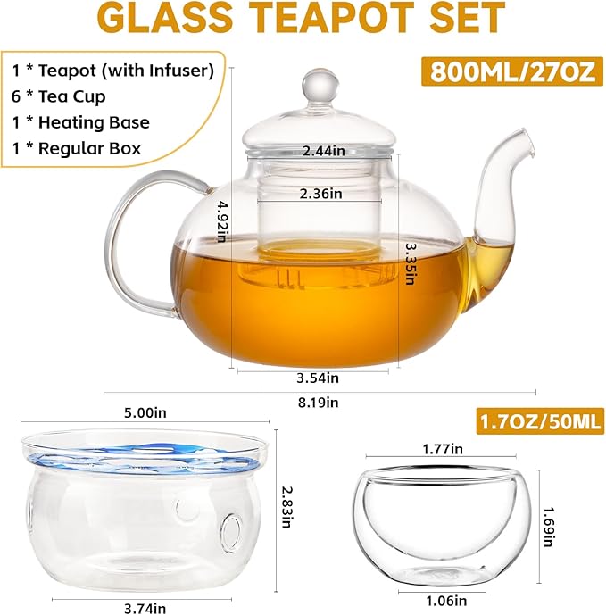 Glass Teapot Set, 27OZ/800ML Stovetop Safe Glass Tea Kettle with 6 Small Double Wall Tea Cups & Loose Tea Infuser & Tea Warmer, Microwave & Dishwasher Safe Tea Maker, Blooming Tea Gift Set - Bloomnest