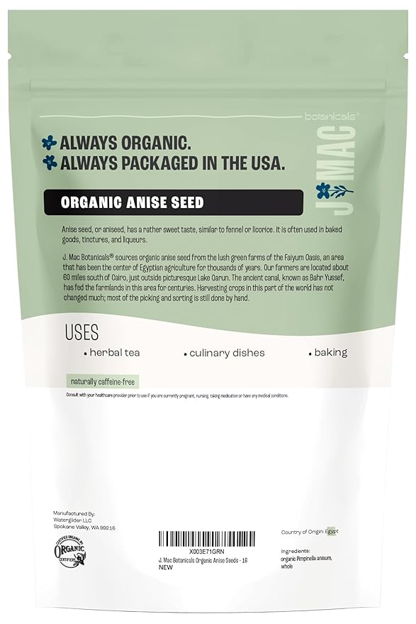 J Mac Botanicals Organic Anise Seeds (16 oz) whole seeds, aniseed, anisecookies, anisetea, aniseseed powder, aniseseeds for baking, Certified Organic. - Bloomnest