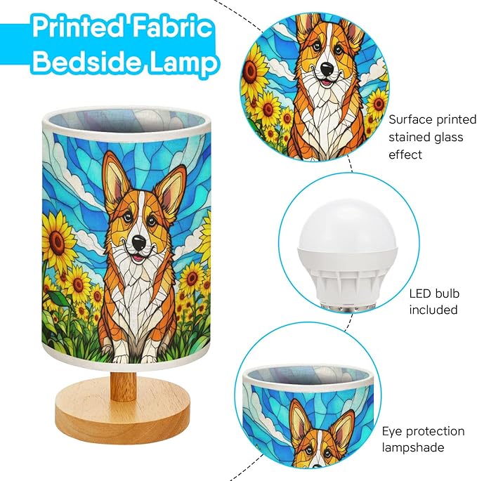 Pembroke Welsh Corgi Table Lamp LED 3-Color Pressed Bedside, Dog Shade Lamp with Wood Base for Bedroom Living Room Desk Office - Bloomnest