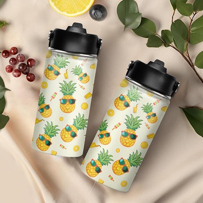 Kids Water Bottle Pineapple Water Bottles 12oz with Straw Insulated Stainless Steel Travel School Tumbler Double Wall Vacuum Cup for Girls Kid Boys - Bloomnest